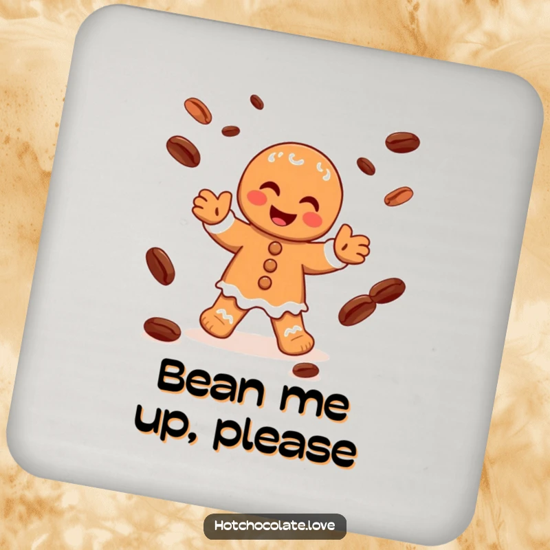 Funny drink coaster featuring a happy gingerbread man character juggling cocoa beans with glee, offering festive surface protection.