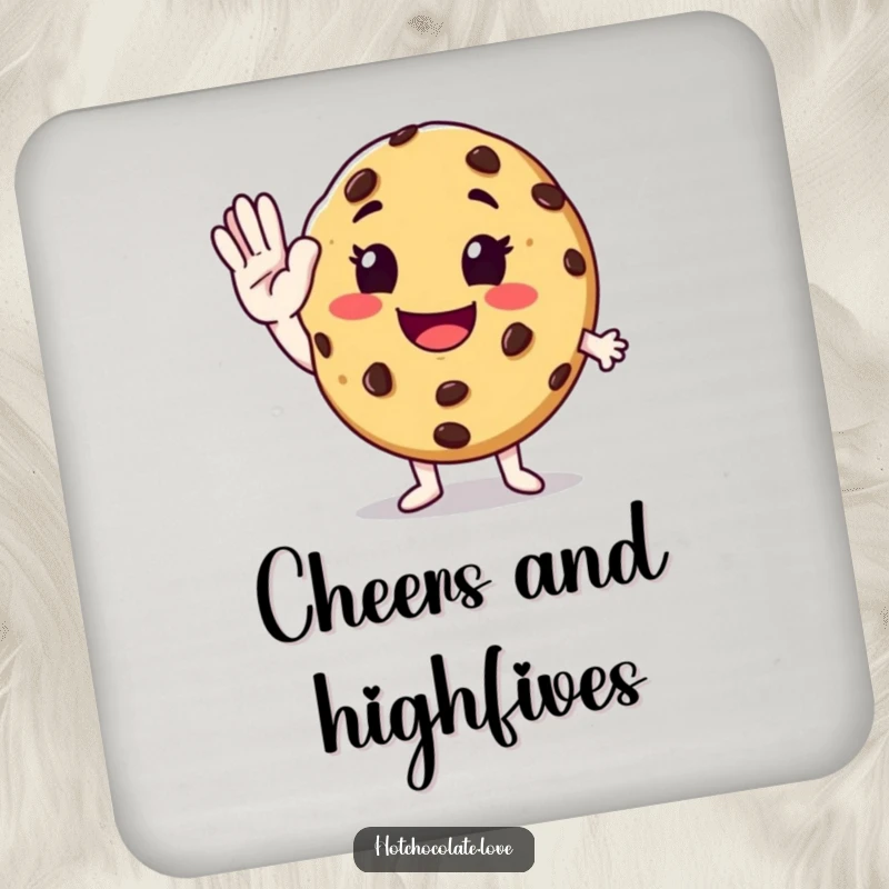 Funny chocolate chip cookie giving an enthusiastic high-five on a decorative and humorous drink coaster.