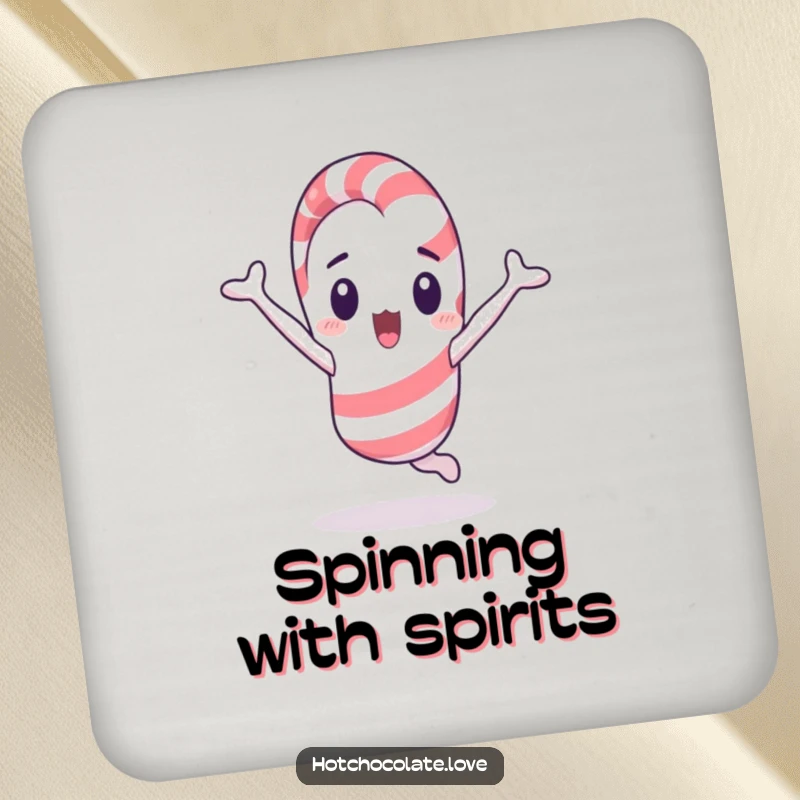 Funny surprised candy cane mid-cartwheel, a protective and humorous drink coaster.