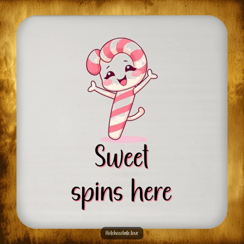 Funny winking candy cane doing a cartwheel, printed on a protective drink coaster.