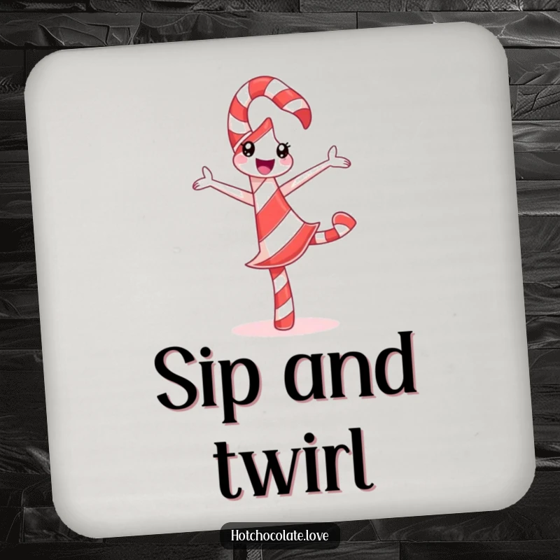 Funny Candy Cane Coaster featuring a delighted candy cane doing a silly pirouette with festive stripes, protecting surfaces humorously.