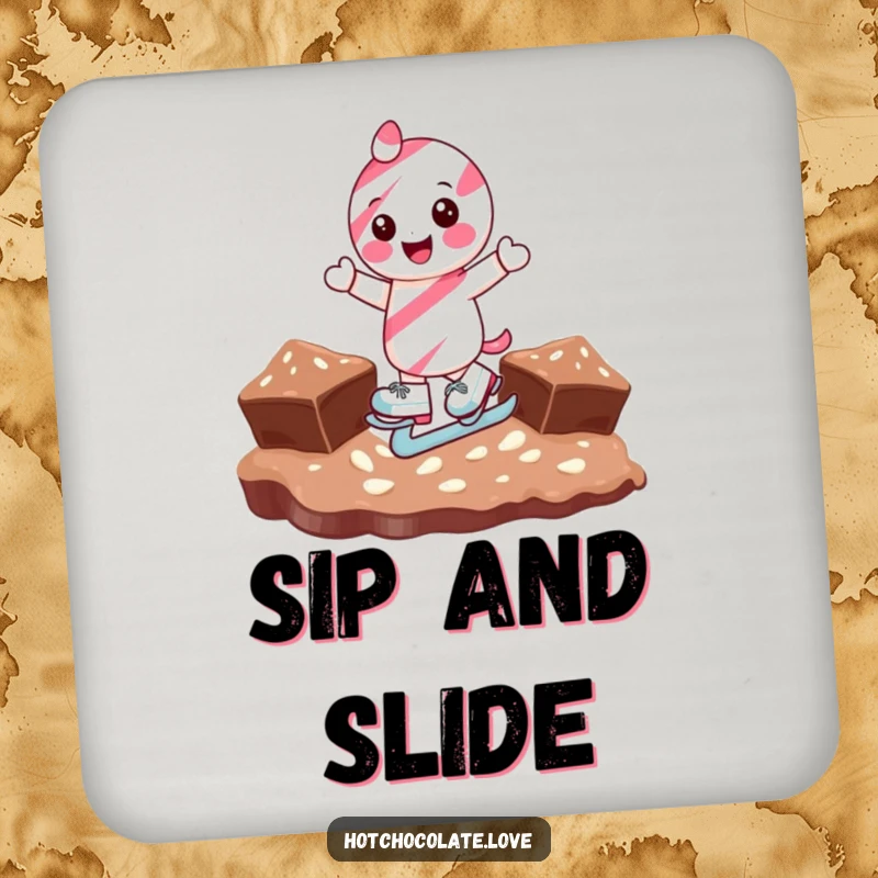 Funny candy cane character ice skating on chocolate, depicted on a protective and humorous drink coaster.