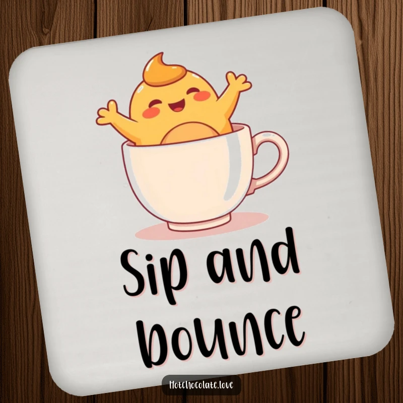 Funny caramel blob character joyfully bouncing inside a warm mug, featured on a decorative and humorous drink coaster.
