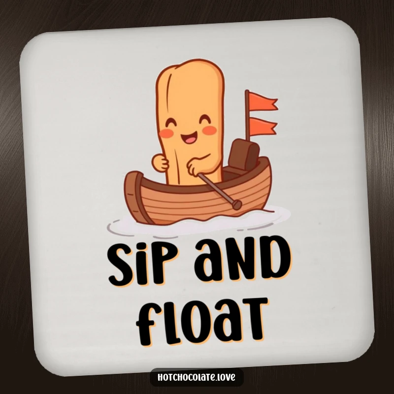 Funny cinnamon stick rowing a tiny chocolate boat on a drink coaster, adding a humorous and decorative element to any table.
