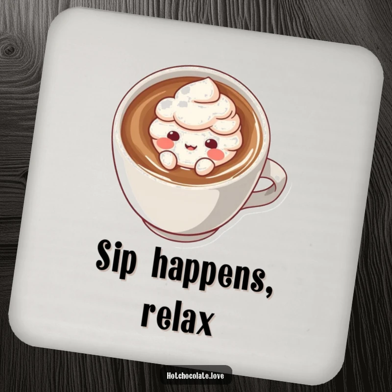Funny drink coaster featuring a whimsical cocoa powder puff character floating in a hot drink, protecting surfaces with a smile.
