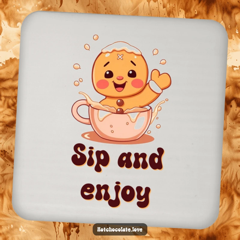 Funny Gingerbread Coaster: A delighted gingerbread man splashing in hot cocoa, adding charm and surface protection.
