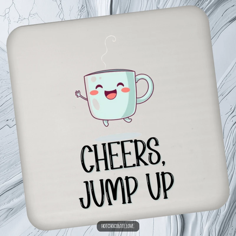 Funny Drink Coasters featuring happy steaming mugs performing joyful jumps, protecting surfaces with humor and warmth.