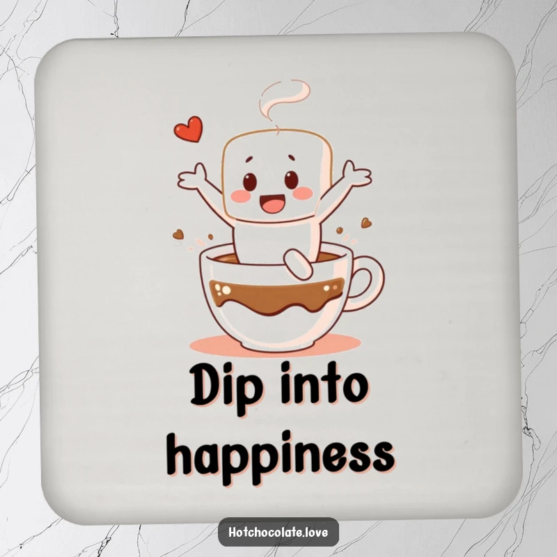 Funny drink coaster featuring a cheerful marshmallow character diving into hot chocolate, adding a sweet, humorous touch to table settings.