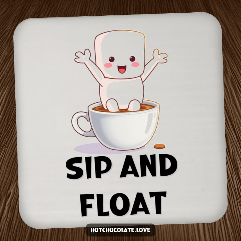 Funny coaster with a cheerful marshmallow character splashing into hot chocolate, adding a touch of humor to your drink setup.