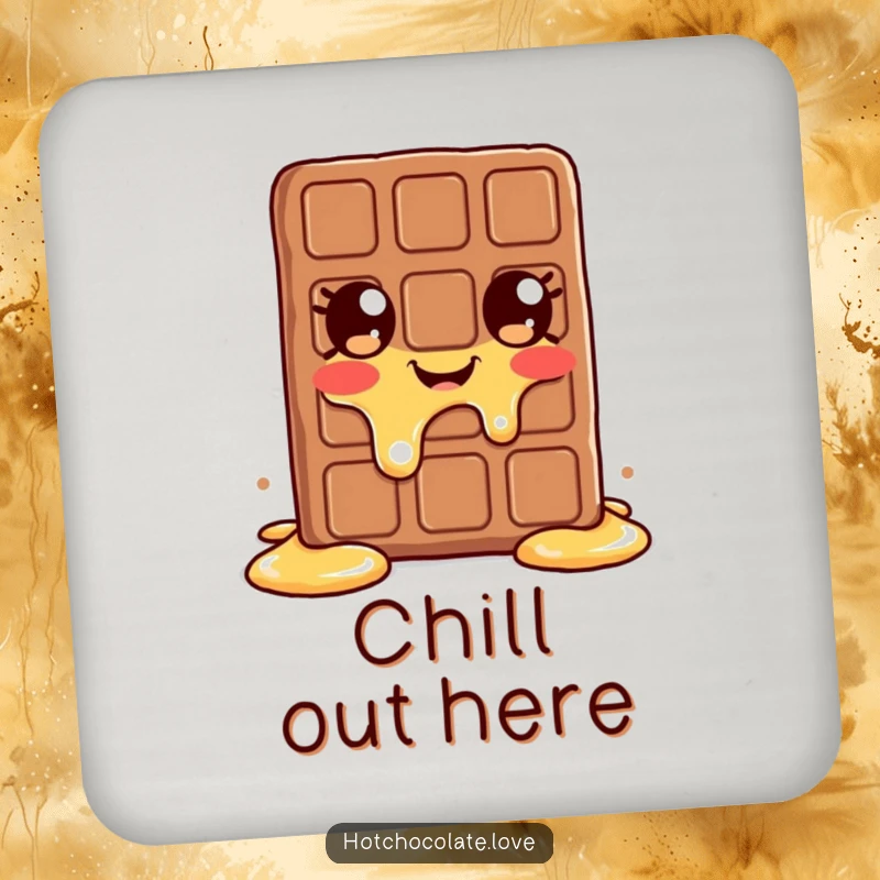 Funny melting chocolate bar coaster, a happy melting character protecting surfaces with sweet style.