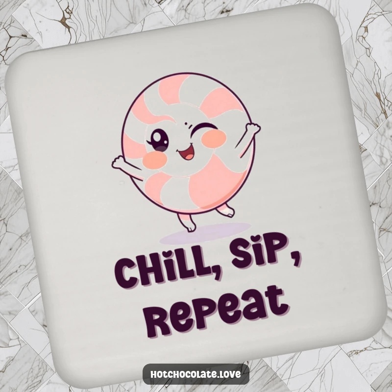 Funny drink coaster featuring a winking peppermint character doing a cheerful spin, protecting surfaces with cool humor.