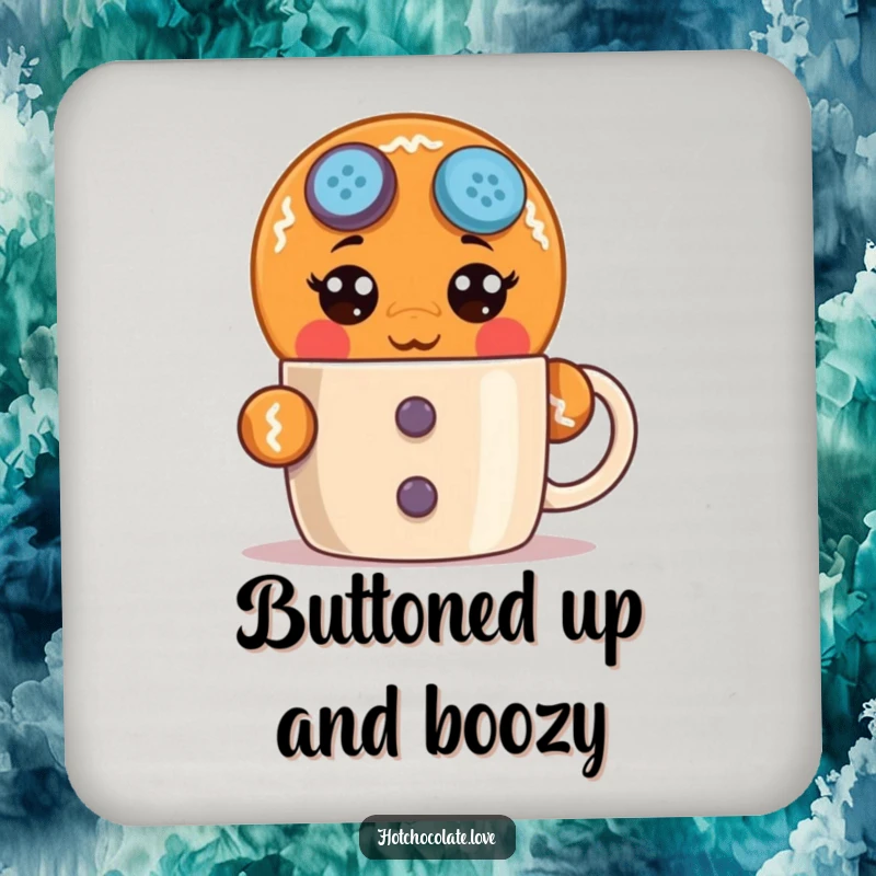 Funny surprised gingerbread man coaster with wide button eyes peeking, protecting surfaces with humorous shock and festive flair.