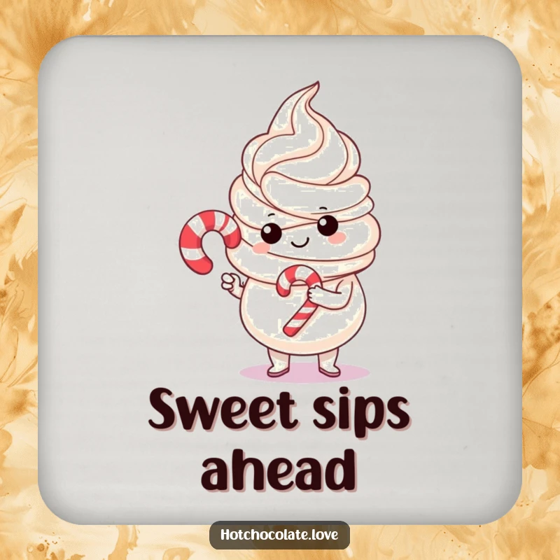 Funny whipped cream character proudly holding a small candy cane, featured on a drink coaster, adding festive flair to tables.