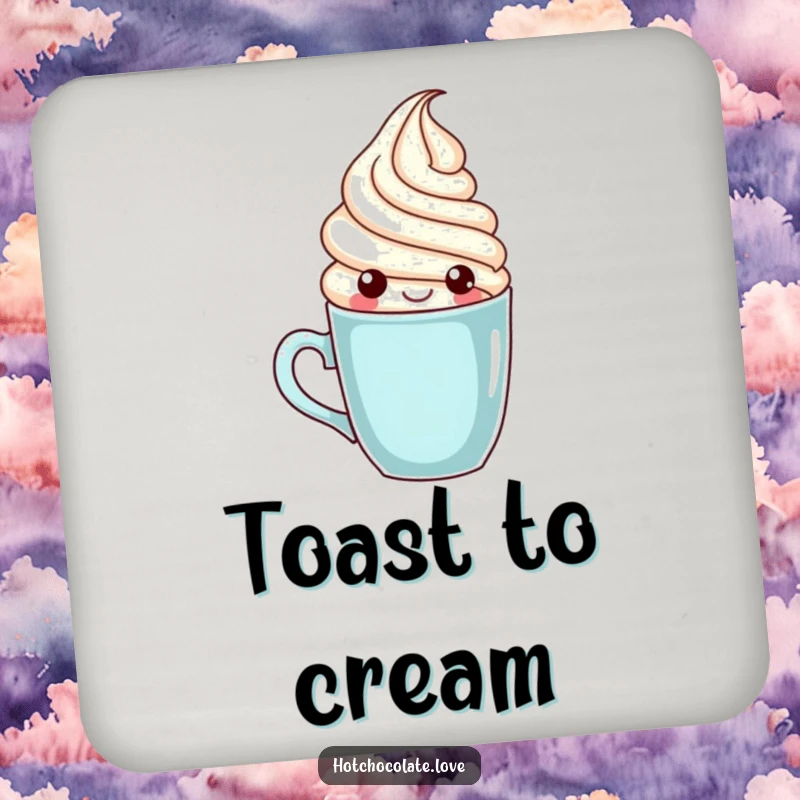 Funny whipped cream character popping out of a mug, featured on a protective and humorous drink coaster.