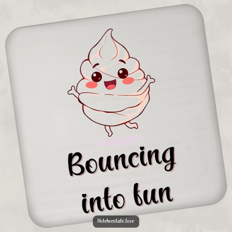 Funny Drink Coasters featuring a happy, anthropomorphic whipped cream dollop in a playful bounce, adding charm and surface protection.