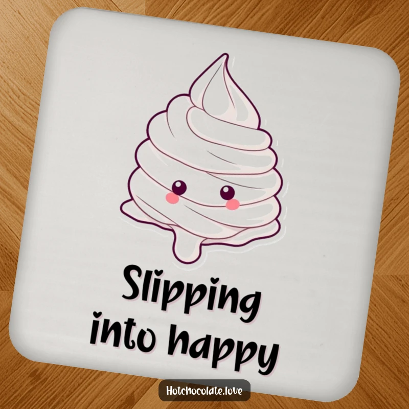 Funny whipped cream dollop in motion on a drink coaster, adding a touch of humor to table settings.