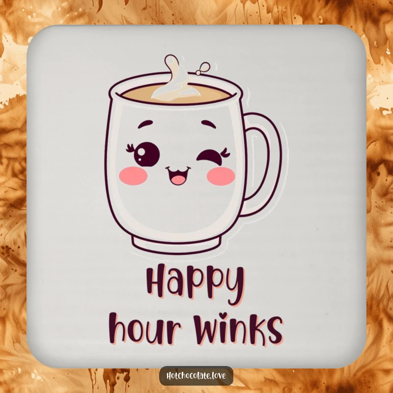 Funny coaster: A bubbling mug character winking contentedly. Protects surfaces with a smile.