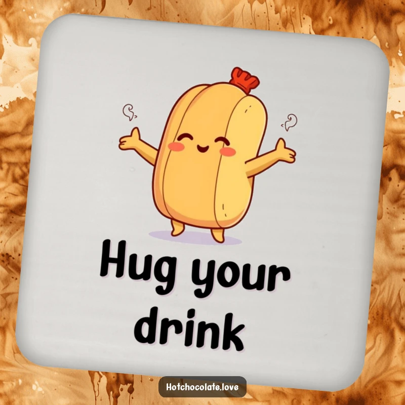 Funny drink coaster featuring a smiling hot dog bun offering a steamy hug, a warm addition to any table.