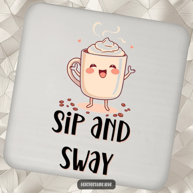 Funny drink coaster featuring a steaming mug of hot chocolate personified, doing a happy dance, adding a warm, humorous touch to table settings.
