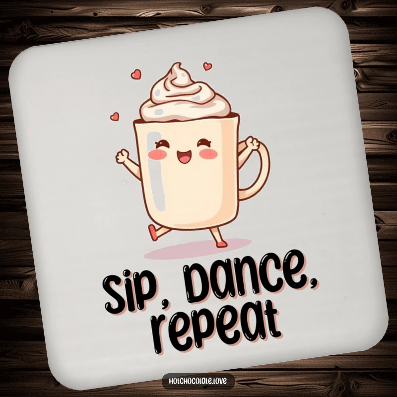 Funny Hot Chocolate Coaster: A steaming mug of hot chocolate dances with glee.