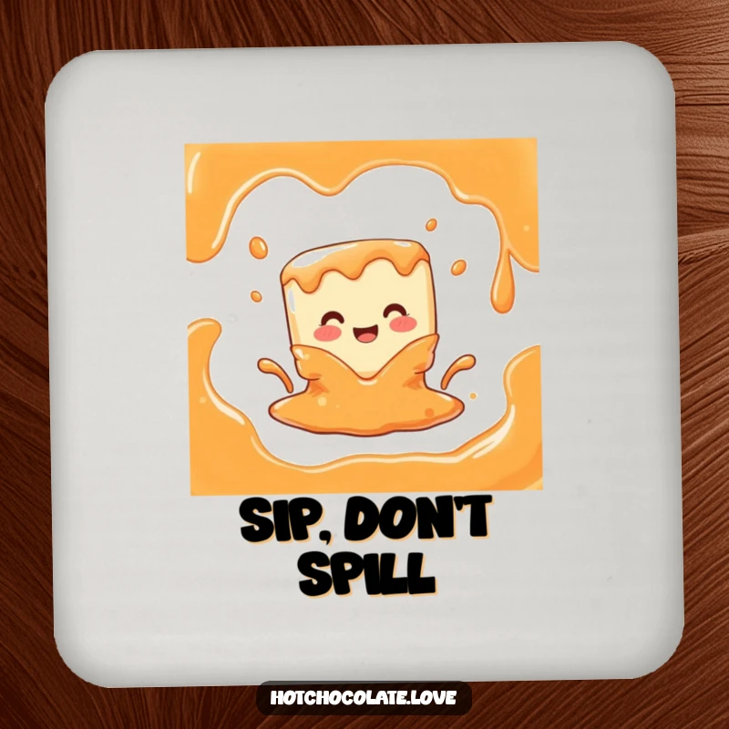 Funny drink coaster featuring a joyful caramel cube character melting into a creamy puddle, protecting surfaces with a touch of sweet comedy.
