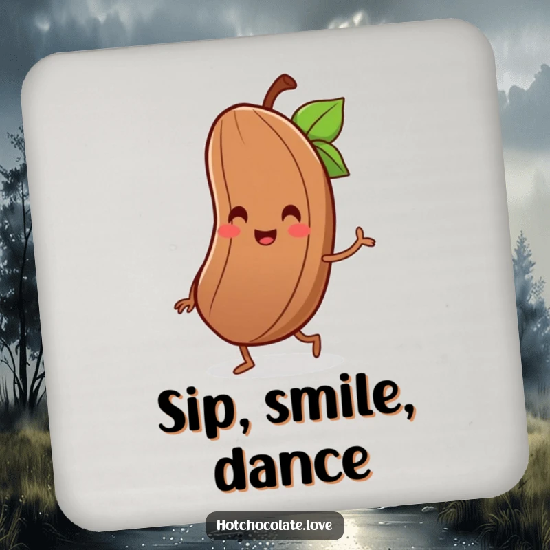 Funny drink coaster featuring a delighted cocoa bean with a tiny smile, joyfully performing a little jig.