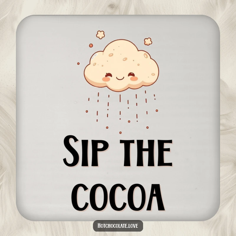 Funny drink coaster featuring a joyful cocoa powder cloud raining down, providing humorous chocolate-themed protection for furniture.