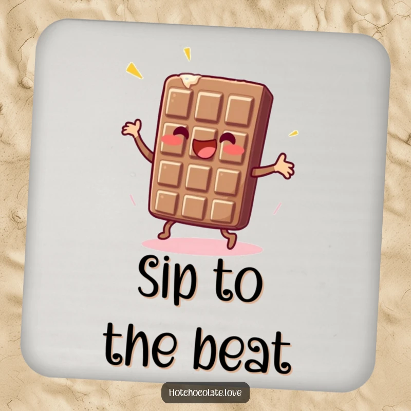 Funny Chocolate Bar Drink Coaster featuring an enthusiastic dancing chocolate bar, adding sweetness and surface protection.