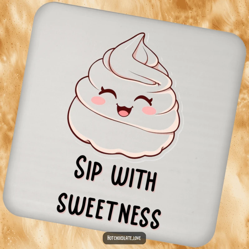 Funny drink coaster featuring a charming winking whipped cream dollop, providing humorous dessert-themed protection for furniture.