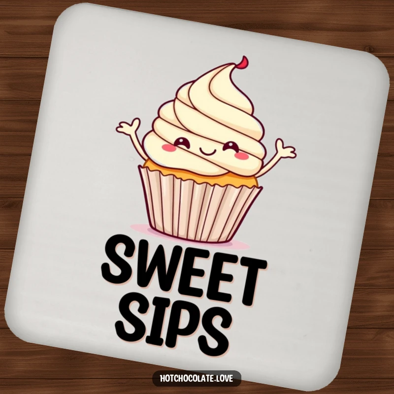 Funny drink coaster featuring a happy, steaming cupcake doing a lively little jig.