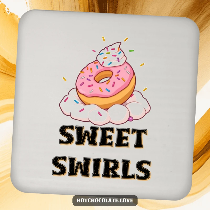 Funny drink coaster featuring a playful donut with sprinkles frolicking in whipped cream.