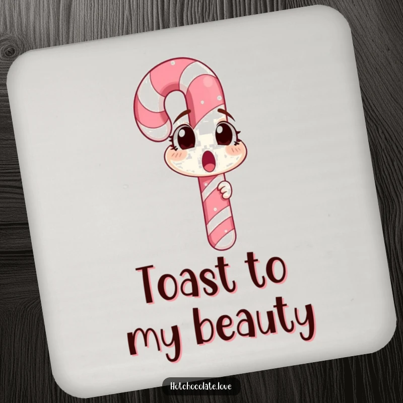 Funny candy cane character expressing surprise at its reflection, featured on a drink coaster, adding festive humor to tables.