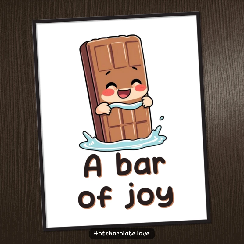 Funny Chocolate Poster showing a giggling chocolate bar person taking a delicious dip, full of joy.