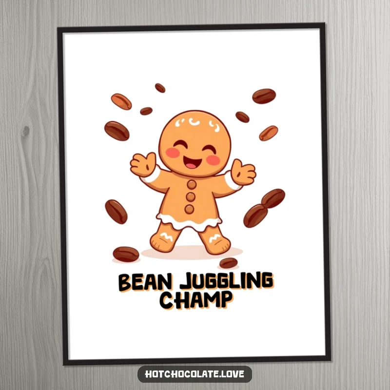 Funny poster featuring a joyful gingerbread man character juggling cocoa beans with glee, perfect for holiday decoration.