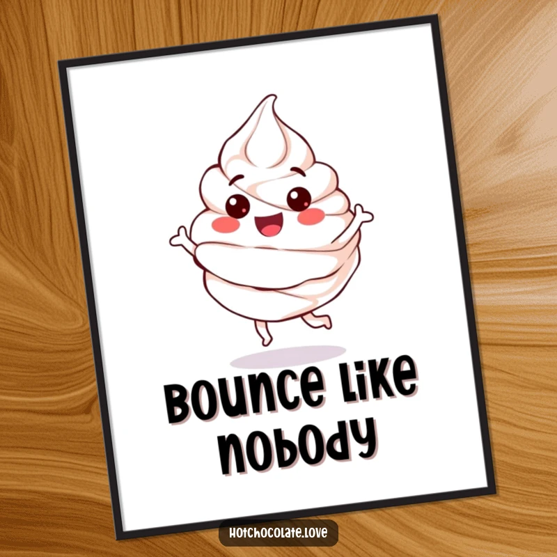 Funny Poster illustrating a happy, anthropomorphic whipped cream dollop in a fun, playful bouncing pose, radiating sweetness.