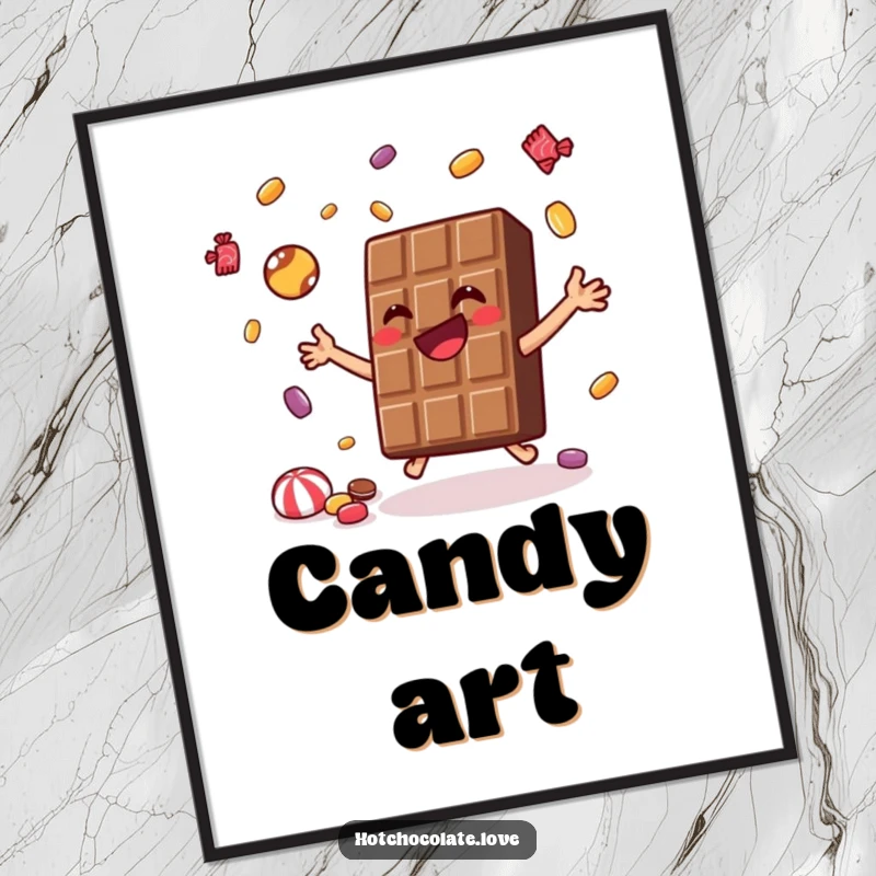 Funny Poster depicting a joyful chocolate bar juggling tiny candies, adding a humorous and sweet piece to any wall.