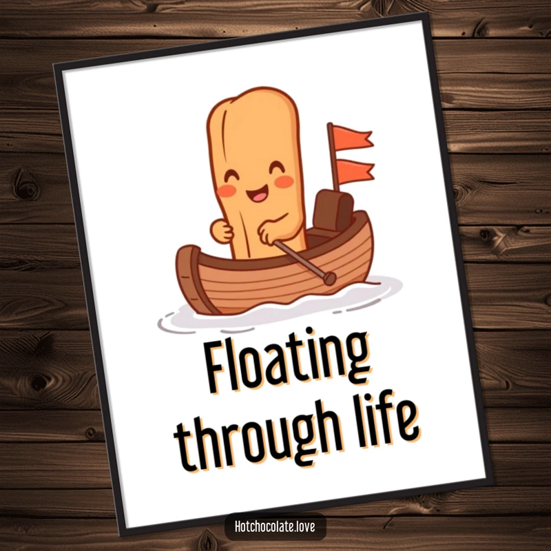 Funny cinnamon stick rowing a charming chocolate boat, presented as vibrant wall art, adding a humorous touch to any room.
