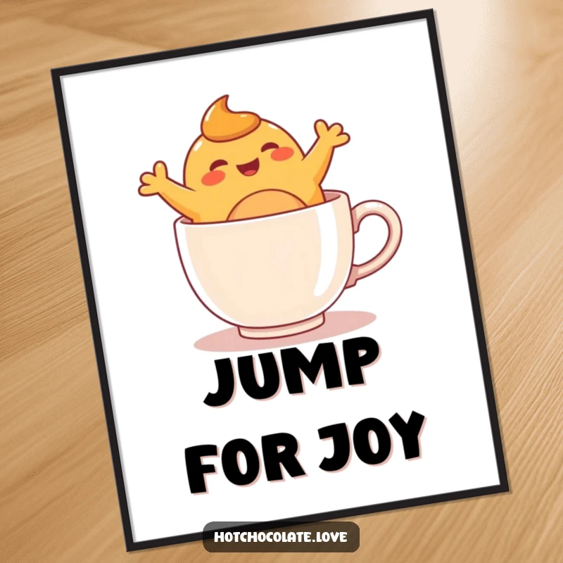 Funny anthropomorphic caramel blob performing energetic leaps inside a warm mug, presented as cheerful wall art.