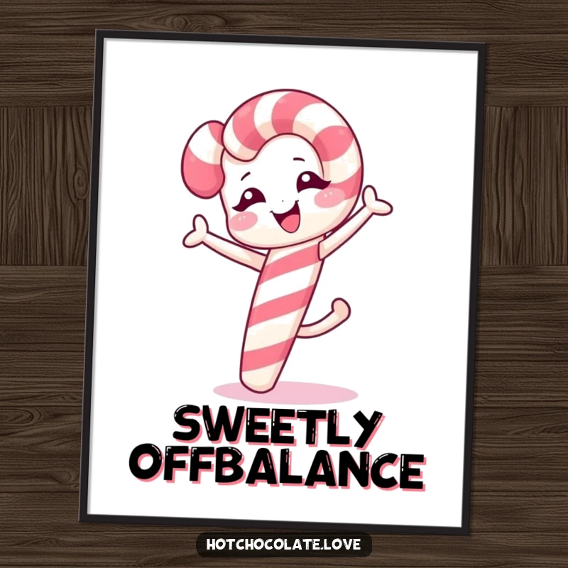 Funny winking candy cane mid-cartwheel, presented as a lively and fun wall poster.