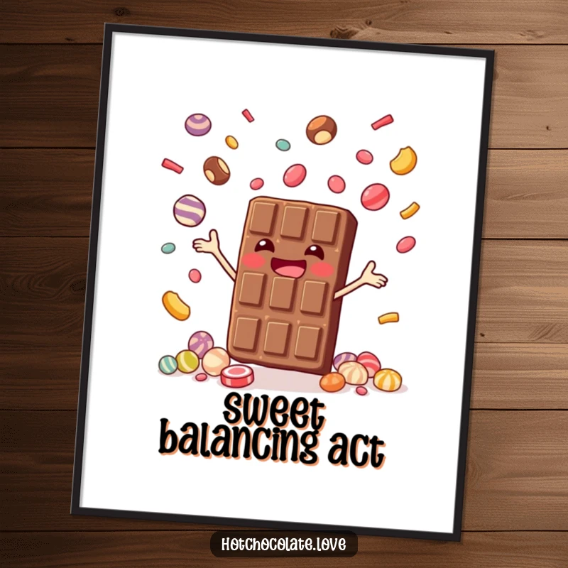 Funny poster art of a joyful chocolate bar juggling small candies, adding a delicious dose of humor to wall decor, funny gift.