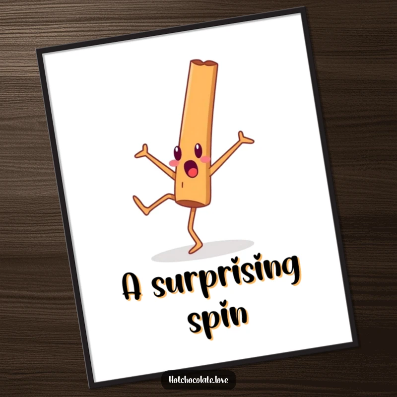 Funny cinnamon stick character surprised while performing a cartwheel, creating a dynamic art print poster.