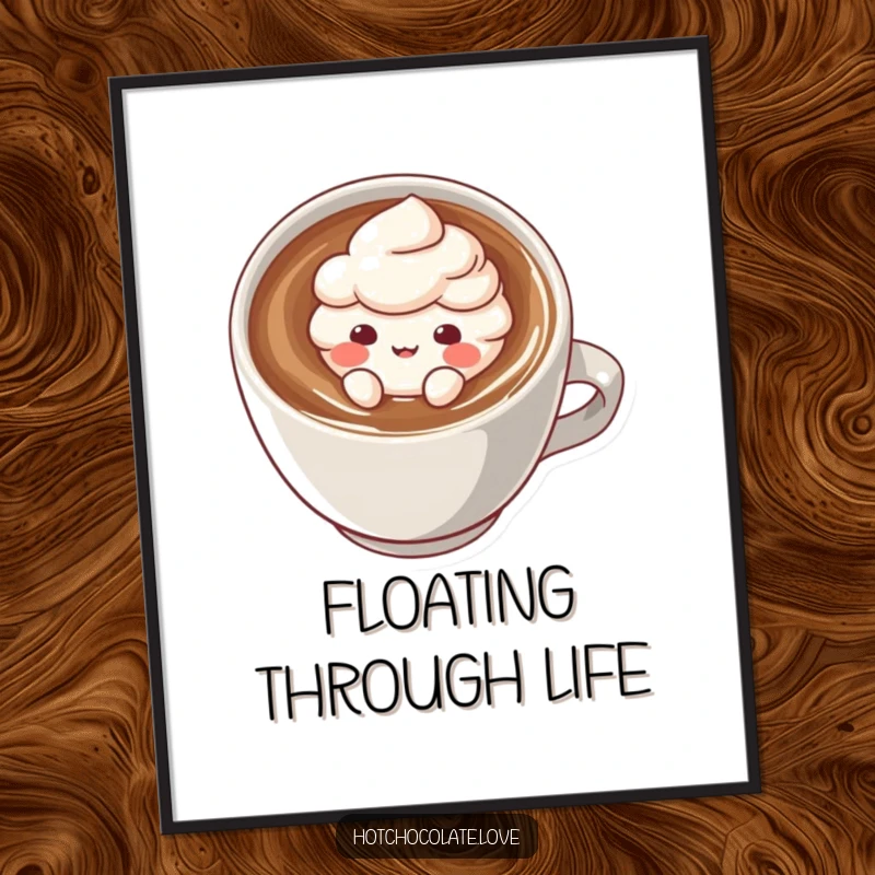 Funny poster depicting a cute cocoa powder puff character floating happily in a steaming mug, adding whimsical decor to any space.