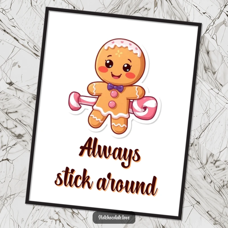 Funny gingerbread man artfully balanced on a peppermint stick, presented as a vibrant wall poster.