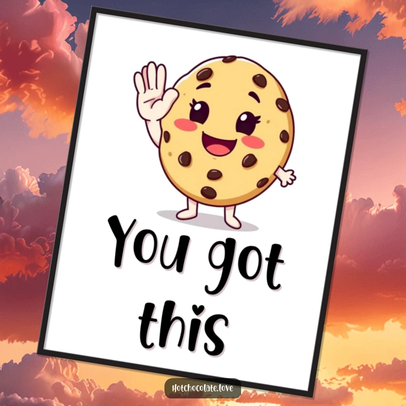 Funny anthropomorphic chocolate chip cookie extending a hand for an enthusiastic high-five, presented as cheerful wall art.