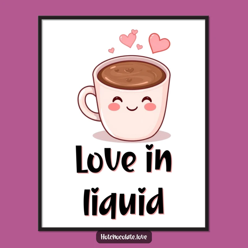 Funny Hot Chocolate Poster: Smiling Mug Art, Heart Steam, Quirky Wall Decor Gift