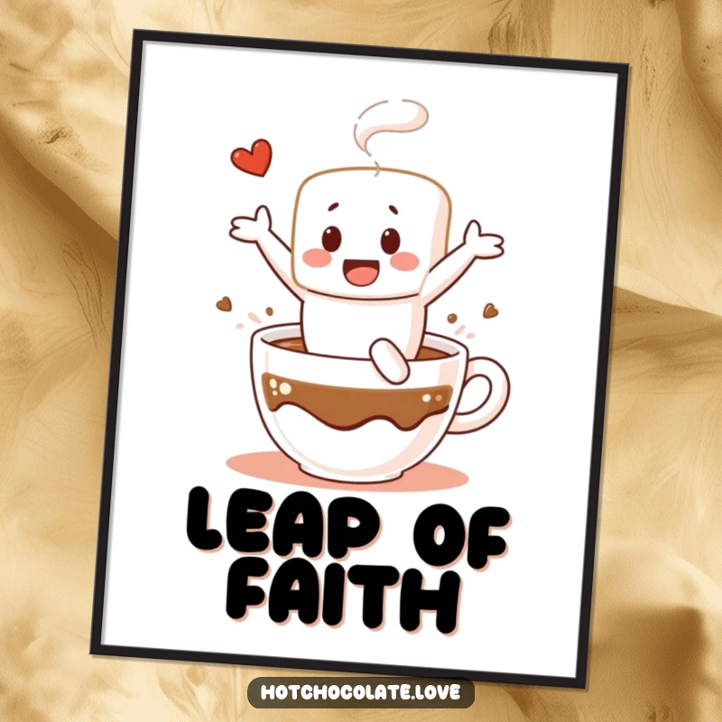 Funny poster print of a cheerful marshmallow character gleefully diving into a steaming mug of hot chocolate, capturing pure joy.