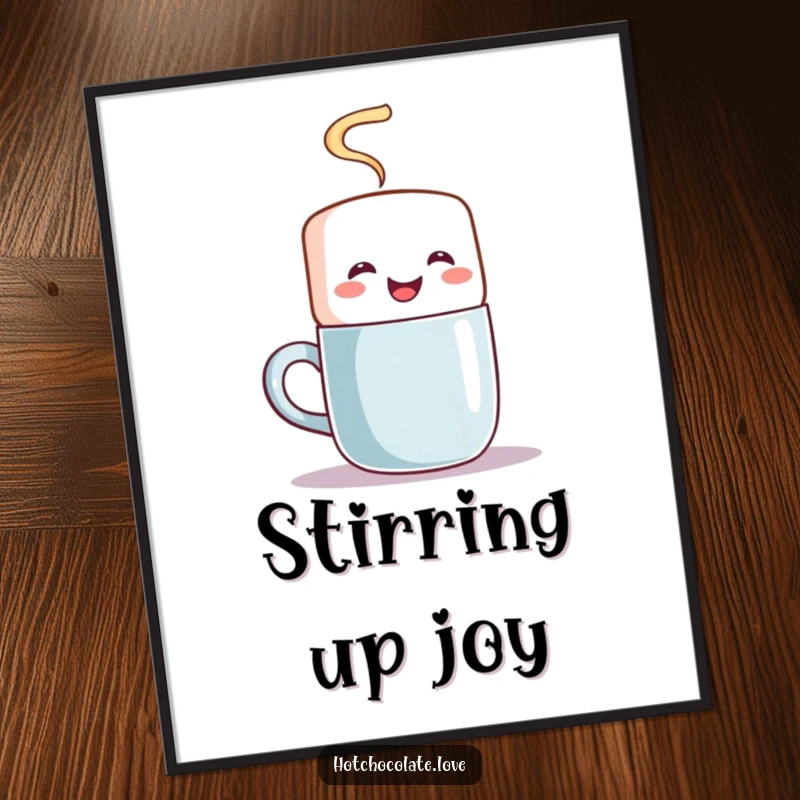 Funny poster featuring a happy marshmallow character stirring a steaming mug with great enthusiasm, bringing warmth to any room.