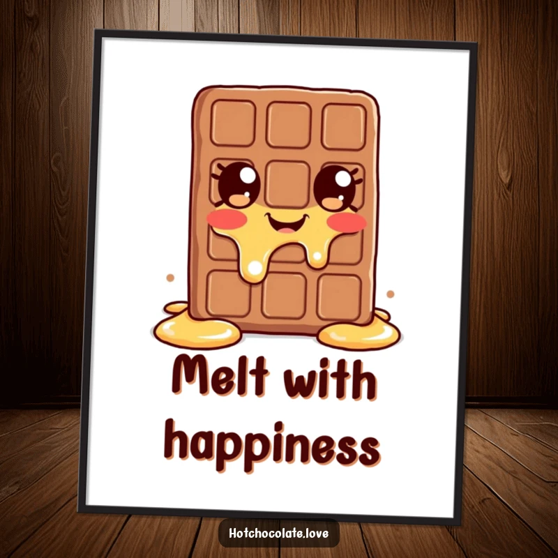Funny melting chocolate bar poster, showing a gleeful, melting chocolate character in a bright, happy scene.