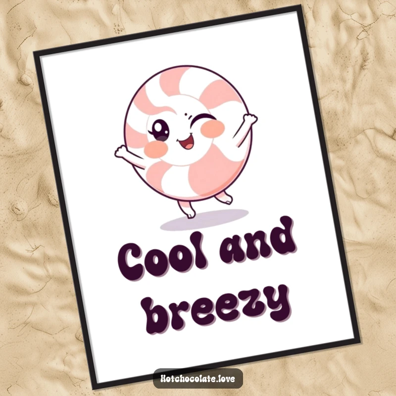 Funny poster depicting a winking peppermint character in a cheerful spin, adding cool and humorous decor to any space.