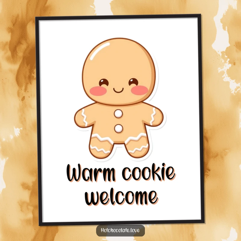 Funny gingerbread man poster of a shy, blushing gingerbread man offering a greeting, adding a touch of warm humor to any wall.